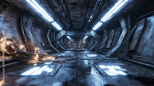 Futuristic Sci-Fi Corridor with Glowing Lights and Metallic Texture