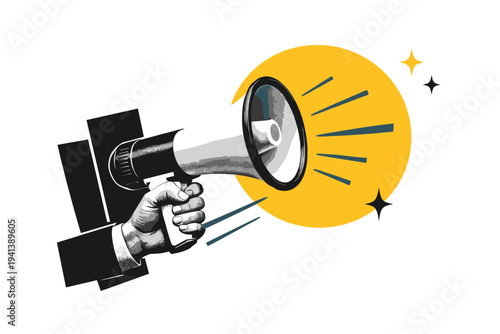 Black-and-white megaphone held by a retro hand, oversized yellow circular ring radiating from the horn, contrasting black rectangular blocks