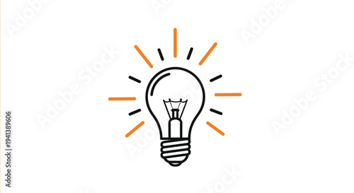 Minimalist light bulb icon with orange and black rays representing a bright idea, innovation, or creativity on a simple white background.