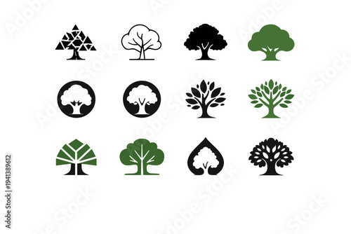 Flora. Icon set. Set Logo of flora: tree silhouette. harmonious logo variations of the same emblematic concept, each with different artistic interpretation