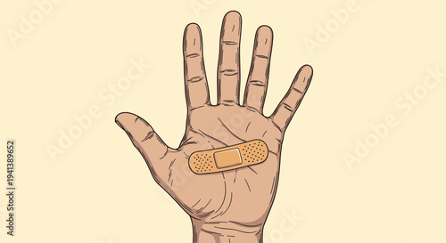 Illustration of a human hand with a brown adhesive bandage on the palm representing a minor injury, first aid, or medical care concept.