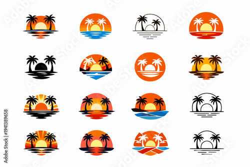 Sunset. Icon set. Set Logo of Sunset: palm tree sunset. harmonious logo variations of the same emblematic concept, each with different artistic interpretation