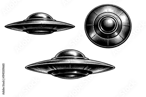 UFO ? A classic unidentified flying object with a disc-shaped body and central dome shown as the same object in three different views, emphasizing metallic