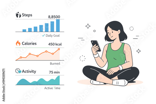 Workout performance tracking. Simple graphs showing steps, calories, and activity trends while a user checks results calmly. The illustration conveys