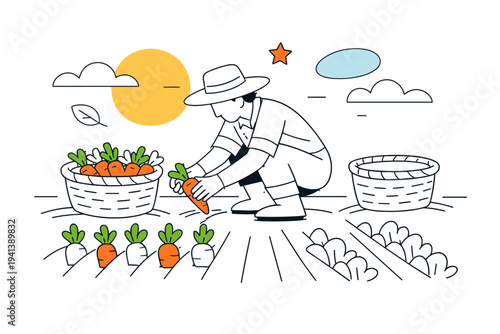 Farmers at work. Person harvesting crops by hand, baskets and plants arranged in clean rows. Calm, grounded mood showing connection to the land. Modern