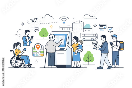 Smart public services. Friendly editorial scene of citizens interacting with digital kiosks and mobile services in a city environment, showing accessibility