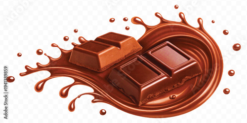 realistic 3d chocolate bar into liquid chocolate splash with bubbles in curve style isolated on transparent background