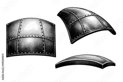 Observatory dome panel segment A realistic observatory dome panel segment with curved metal surface and joint seams, displayed in three views such as flat