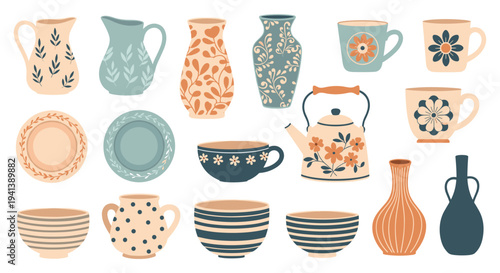 Collection of hand-drawn pottery items including vases, jugs, plates, and cups with various blue and orange patterns on a white background.