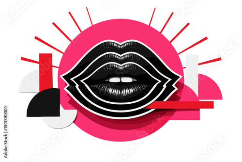 Surreal modern-retro composition featuring black and white lips multiplied in layered silhouettes to create echo effect, vibrant pink circle dominating the