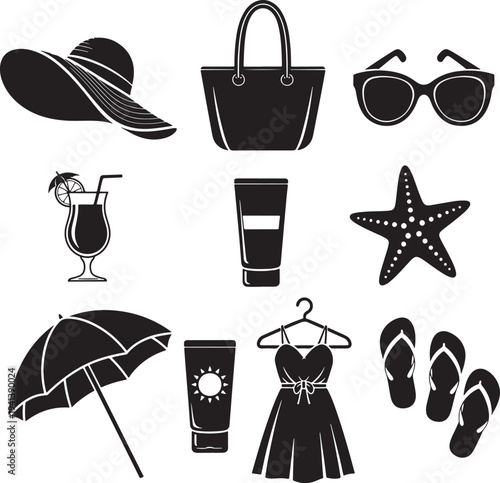 Summer Fashion Accessories Set with Hat Bag Sunglasses and Beachwear Vector Illustration