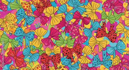 Vibrant seamless pattern with a multitude of colorful hair bows in different patterns and sizes on a bright pink and yellow background.