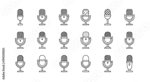 Collection of diverse microphones and their variations in black and white icons