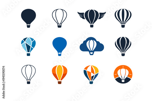 Flying high. Icon set. Set Logo of Flying high: hot air balloon. harmonious logo variations of the same emblematic concept, each with different artistic