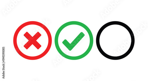 Simple set of red cross, green check mark, and black empty circle icons inside circles representing choices, tasks, or status indicators.