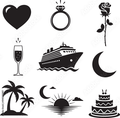 Minimalist Love and Celebration Vector Icons Set for Valentine and Wedding