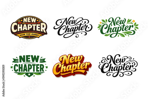 New Chapter. Set lettering. harmonious lettering variations of the same emblematic concept, each with different artistic interpretation (Retro vintage badge