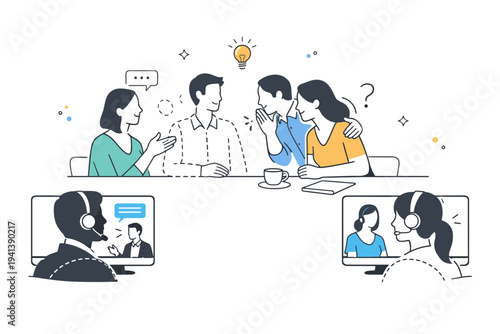 Hybrid meeting inequality body language loss. Remote workers on screens missing side conversations and gestures happening in the room, showing reduced context.