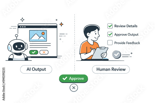 Human in the loop approval. Split interface with AI output on one side and human confirmation panel on the other. Balanced collaboration and clear