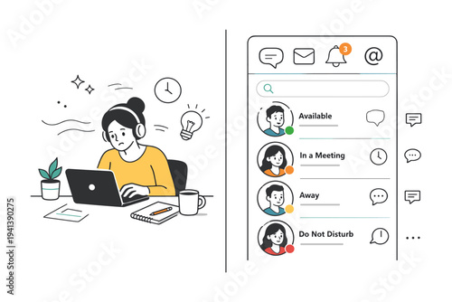 Remote work visibility stress. A split scene showing focused work on one side and a chat panel with status indicators on the other. Divided