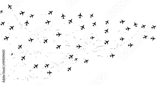 A flock of airplanes following synchronized flight paths across the sky