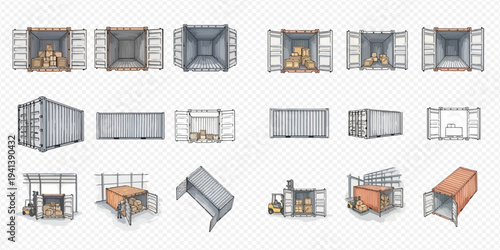 Set of cargo containers for shipping and transportation, open and closed, with and without boxes, in various perspectives.