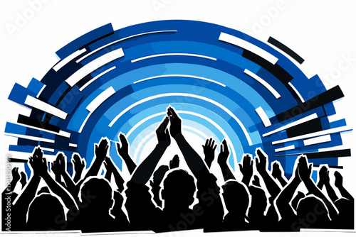 Black and white crowd silhouette with raised clapping hands viewed from below, dynamic blue circular waves spreading upward like sound energy,
