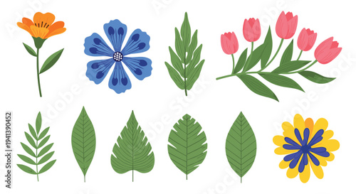 Various botanical illustrations of colorful flowers and diverse green leaves set against a white background for nature-themed design and floral art.