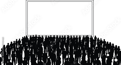Large silhouette crowd of people standing and sitting in front of a giant blank white screen or movie theater cinema presentation billboard mockup.