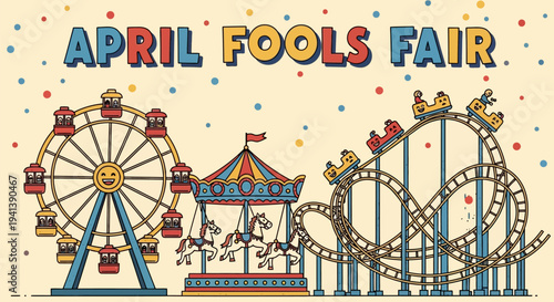 Colorful april fools fair amusement park with ferris wheel merry go round and rollercoaster rides on beige background with confetti