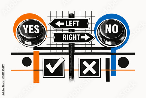 Black and white still life of decision elements: two buttons, directional signs, checkmarks, retro photo cut-out style with white outlines, abstract geometric