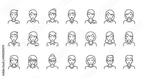 Collection of diverse facial expressions and hairstyles in simple line drawings