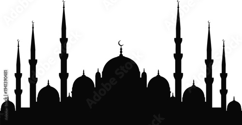Detailed silhouette of a grand mosque with multiple domes and minarets