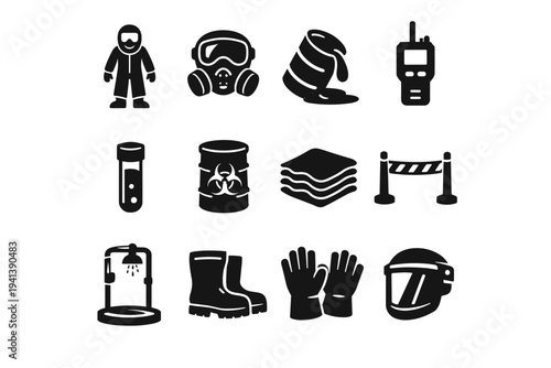 Hazmat Response. Solid icon set of Hazmat Response: full hazmat suit, gas mask, chemical spill container, detection sensor, sample vial, containment barrel,