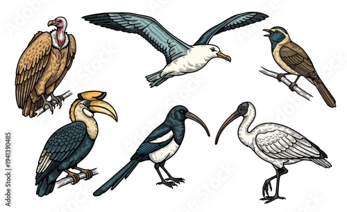 Collection of Various Exotic Birds Illustrated in Detailed Vector Art