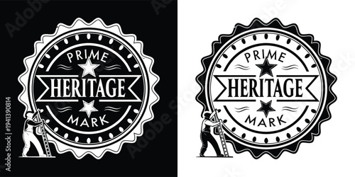 Vintage style prime heritage mark emblem design featuring a construction worker ascending a ladder against a contrasting background