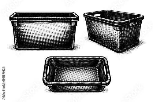 Laundry Basket ? realistic rectangular laundry basket with reinforced corners and flat base. Black and white dot style with halftone texture and high contrast.