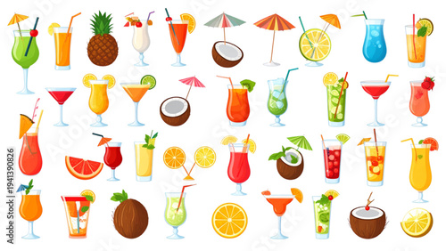 Tropical Summer Cocktails and Fruit Drinks Vector Set
