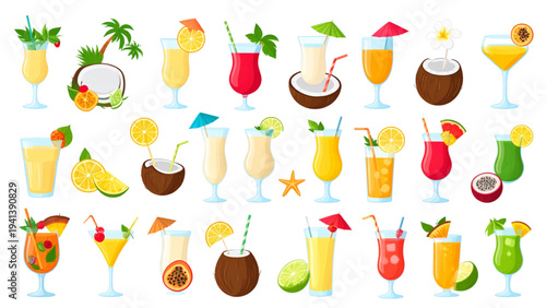 Tropical Summer Cocktails and Fruit Drinks Vector Set