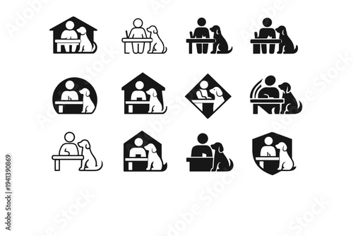 Pet-friendly workplaces. Icon set. Set Logo of Pet-friendly workplaces: employee with dog. harmonious logo variations of the same emblematic concept, each with