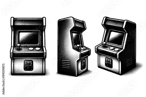 Mini arcade machine, a realistic mini arcade machine shown front view, side view, and angled perspective as three object representations focusing on