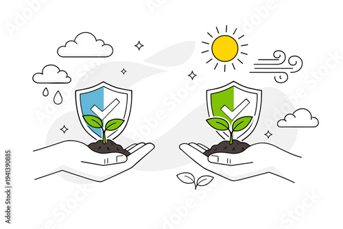Climate-smart agriculture. Hands holding young plants protected by abstract shields, clouds, wind, and sun icons floating around. A calm and confident mood