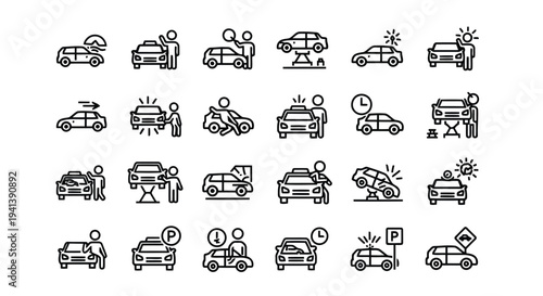 Variety of vehicles and transportation icons in simple line art style