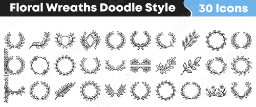 A collection of thirty hand drawn doodle style floral wreath and botanical foliage icons perfect for rustic design elements.