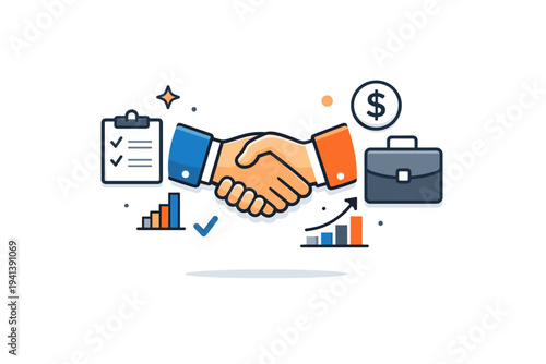 Sales representative handshake presented as a central agreement symbol framed by minimal business elements, communicating professionalism, credibility, and