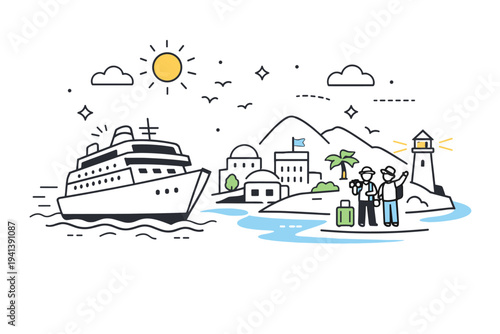 Cruise destination journey. A cruise ship approaching a coastal city or island, representing exploration and anticipation. The atmosphere feels optimistic and