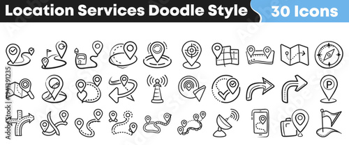 A comprehensive collection of hand-drawn doodle style icons representing essential location services, navigation, global positioning system, and mapping concepts for digital designs.