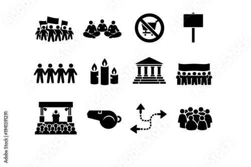 Historic Protests. Solid icon set of Historic Protests: street march, sit in protest, boycott symbol, protest placard, human chain, candle vigil, courthouse