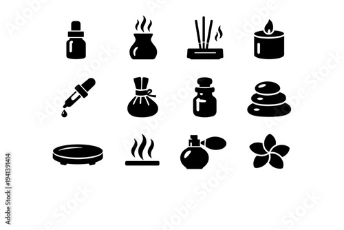 Aromatherapy Spa Display. Solid icon set of Aromatherapy Spa Display: essential oil bottle, aroma diffuser, incense sticks, scented candle, oil dropper, herbal
