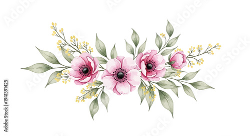 Elegant Watercolor Pink Anemone Flowers and Green Foliage Bouquet Arrangement Isolated on White Background